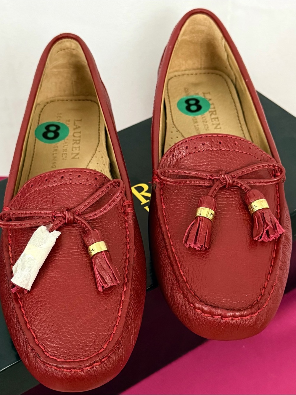 Lauren Ralph Lauren Cassady Red Pebbled Leather Tassel Loafers US 8 NWT - Picture 3 of 10